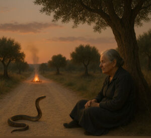 "Jedes Paradies hat seine Schlange" antworte die Frau mit dem Mundwinkel. „Öffnen Sie ihre Augen und sie sehen die Schlange in den Menschen“. (Grafik KI-generiert)