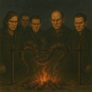 Als sie die Augen zum letzten Mal aufbekam, drehten die Menschen sie am Spieß über einem Grillfeuer. (Grafik KI-generiert)