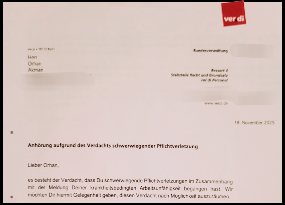 ver.di fordert mich zur Stellungnahme über einen privaten Instagram-Post auf